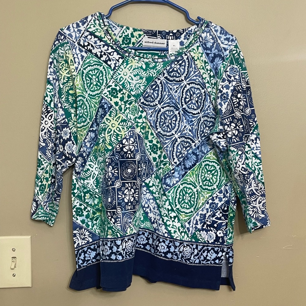 💕🎀Alfred Dunner Women’s Cotton Patterned ThreeQuarter Sleeve Blouse Petite L